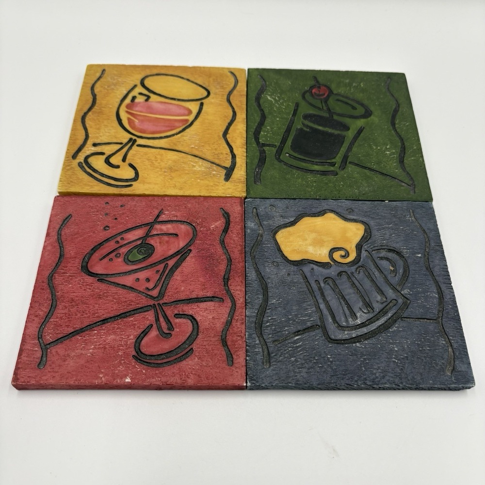 Thirsty Stone Coaster Set/4 Wine Beer Martini Cocktail Theme Colorful Happy Hour